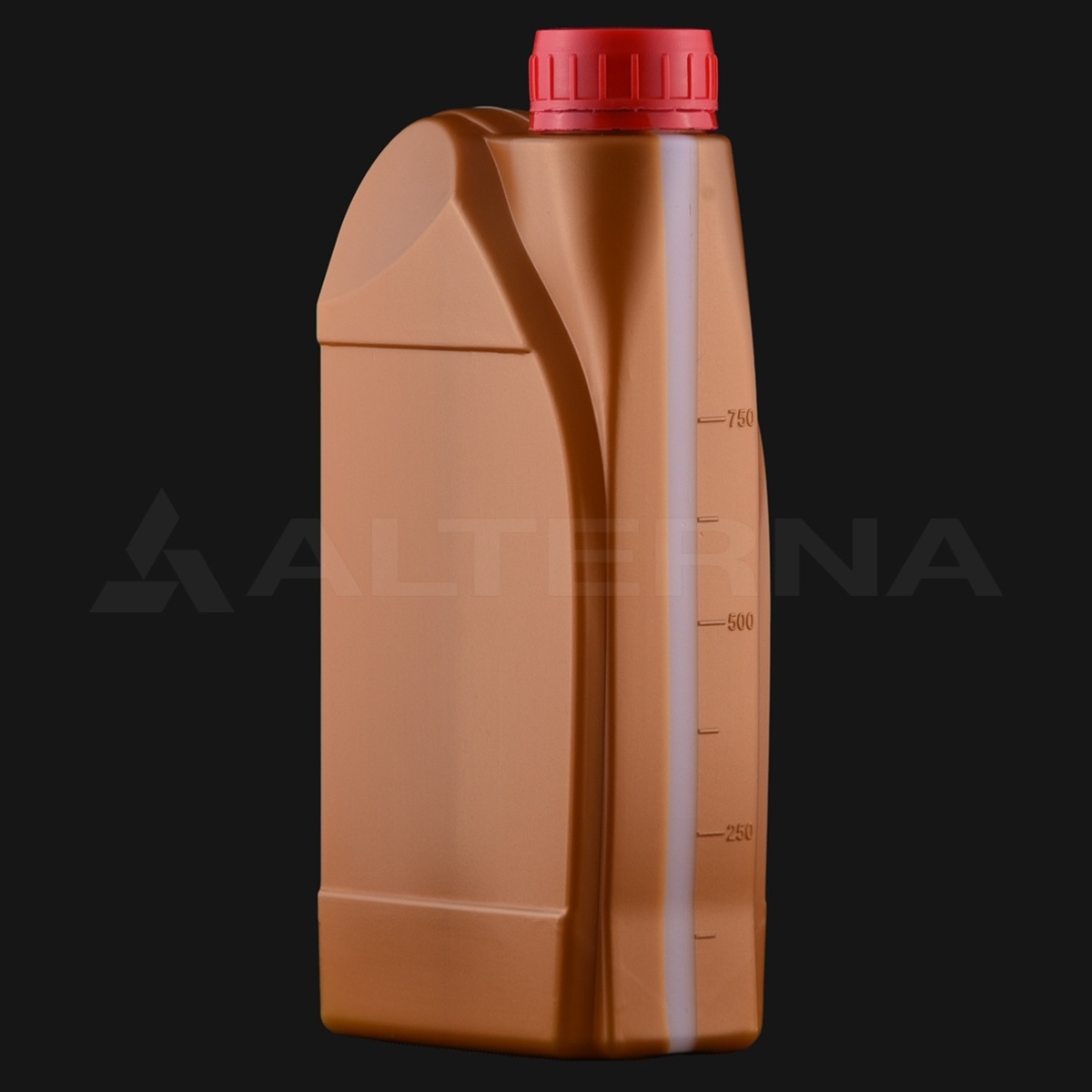 1 Liter HDPE-Kunststoffflasche für Schmiermittel mit Füllstandsanzeige und 38 mm manipulationssicherem Verschluss, Frontansicht im Winkel