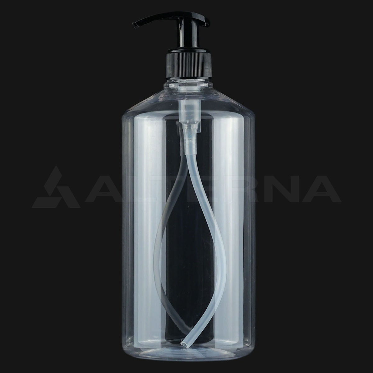 Bouteille en plastique PET transparent d'un litre avec pompe distributrice noire de 28 mm sur fond noir