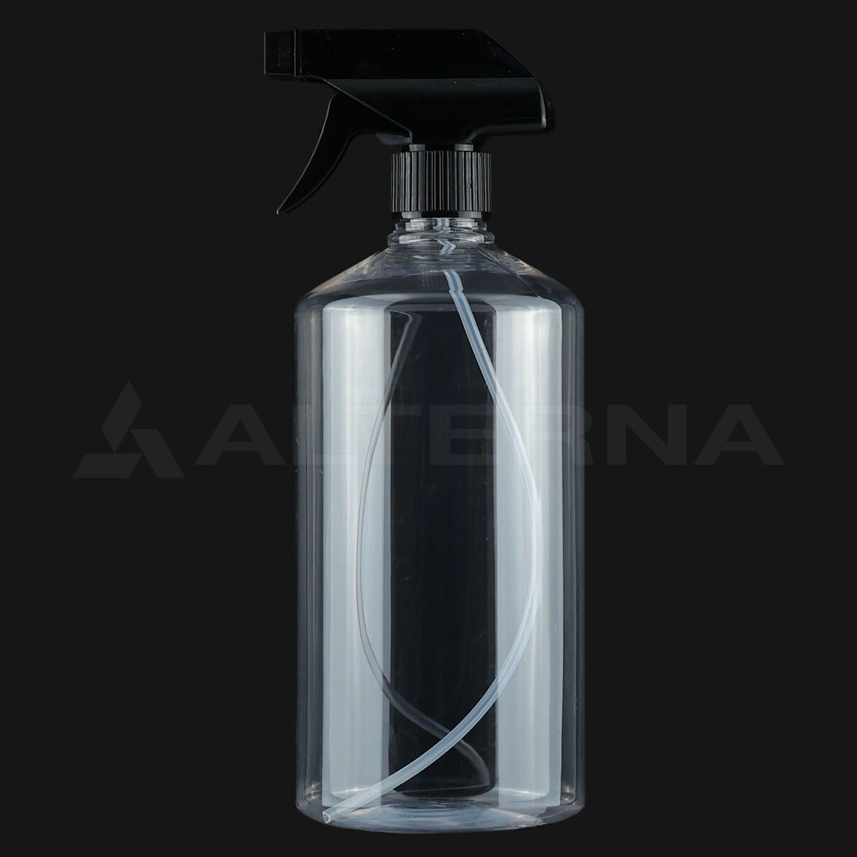 1 Liter klare PET-Sprühflasche mit 28 mm schwarzem Sprühkopf und internem Tauchrohr für Reinigungslösungen