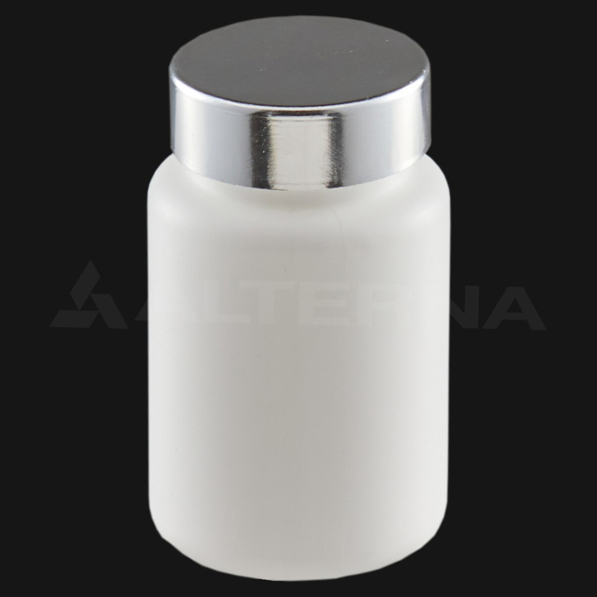 Frasco de plástico HDPE de 100 ml con tapón metálico plateado de 38 mm, vista en ángulo.
