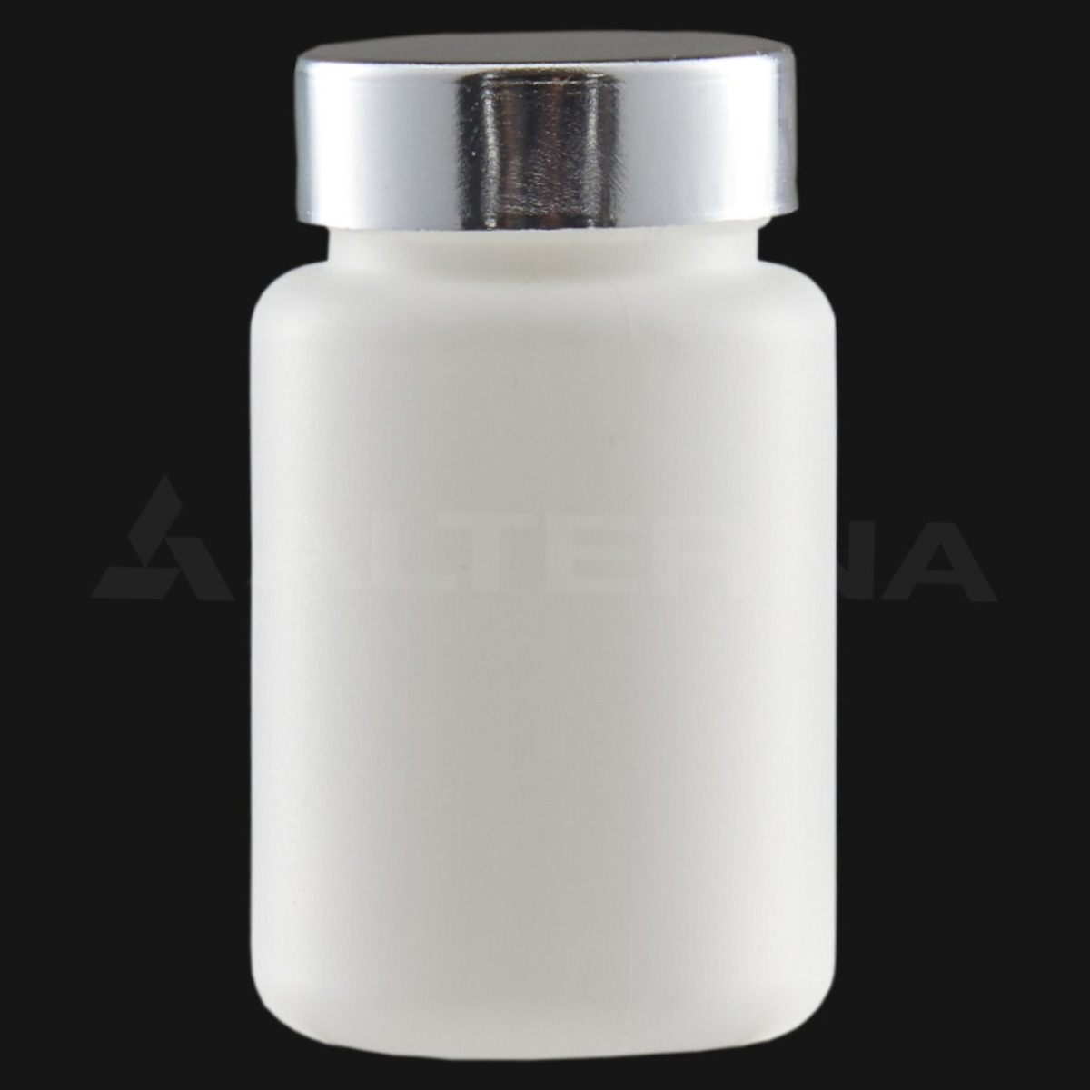 Botella HDPE de 100 ml para pastillas con tapa metálica - Professional packaging solution by Alternaplast Frasco de plástico HDPE de 100 ml para pastillas con tapón metálico plateado de 38 mm, vista cerrada.