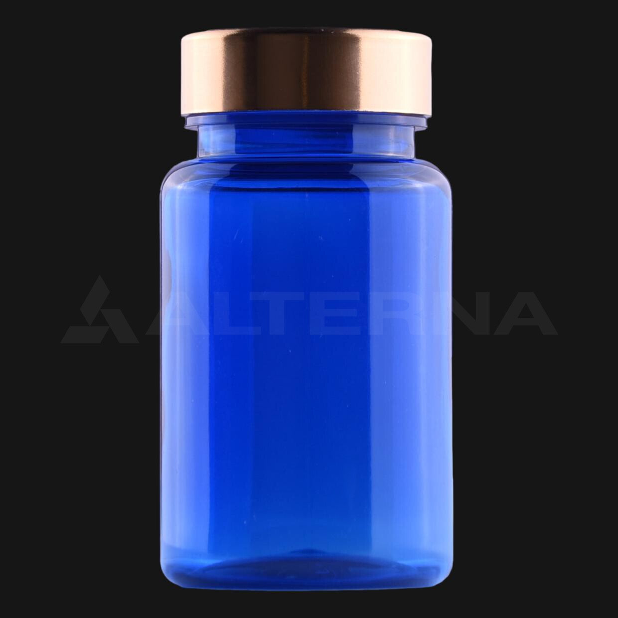 100 ml blaue PET-Tablettenflasche mit goldenem Metallschraubverschluss und druckempfindlicher Versiegelung