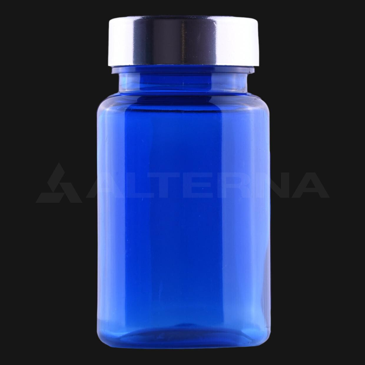 100 ml PET Tablettenflasche mit 38 mm Metallverschluss - Professional packaging solution by Alternaplast 100 ml blaue PET-Tablettenflasche mit silbernem Metallschraubverschluss und druckempfindlicher Versiegelung