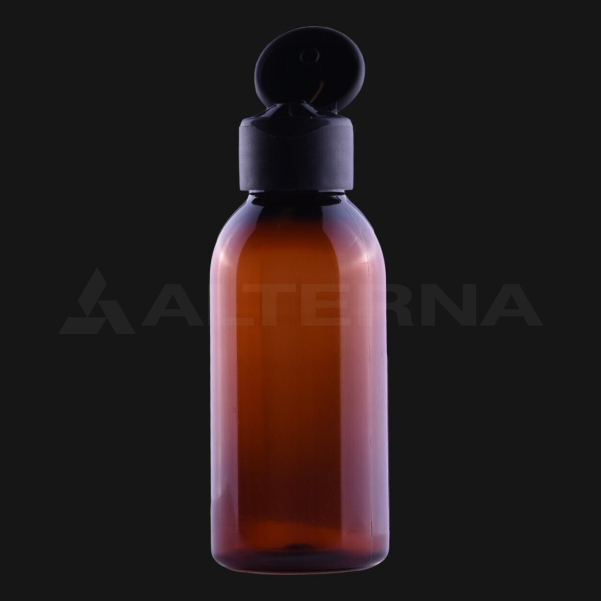 Botella de plástico PET de 100 ml con tapón abatible negro de 24 mm abierto, vista frontal de botella redonda ámbar.