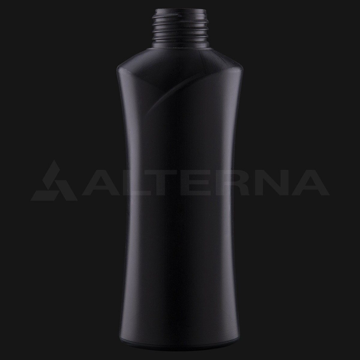 150 ml schwarze HDPE-Kunststoffflasche ohne Verschluss, 24 mm Gewindehals, Vorderansicht mit geschwungenem, schlankem Körper auf schwarzem Hintergrund