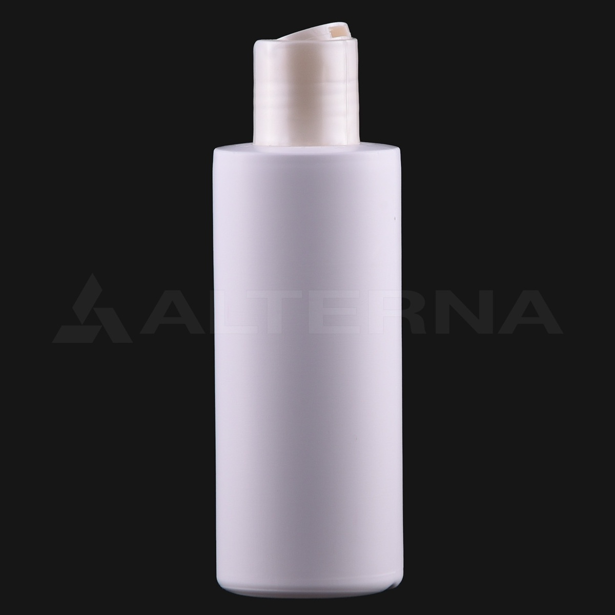 Flacon cylindrique en PEHD de 150 ml avec bouchon à disque de 24 mm, vue de face, flacon blanc