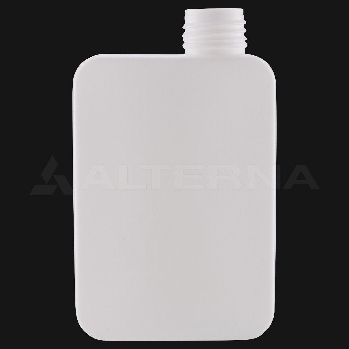 Bouteille plate en plastique HDPE blanc de 150 ml sans bouchon, col fileté de 24 mm, vue de face sur fond noir