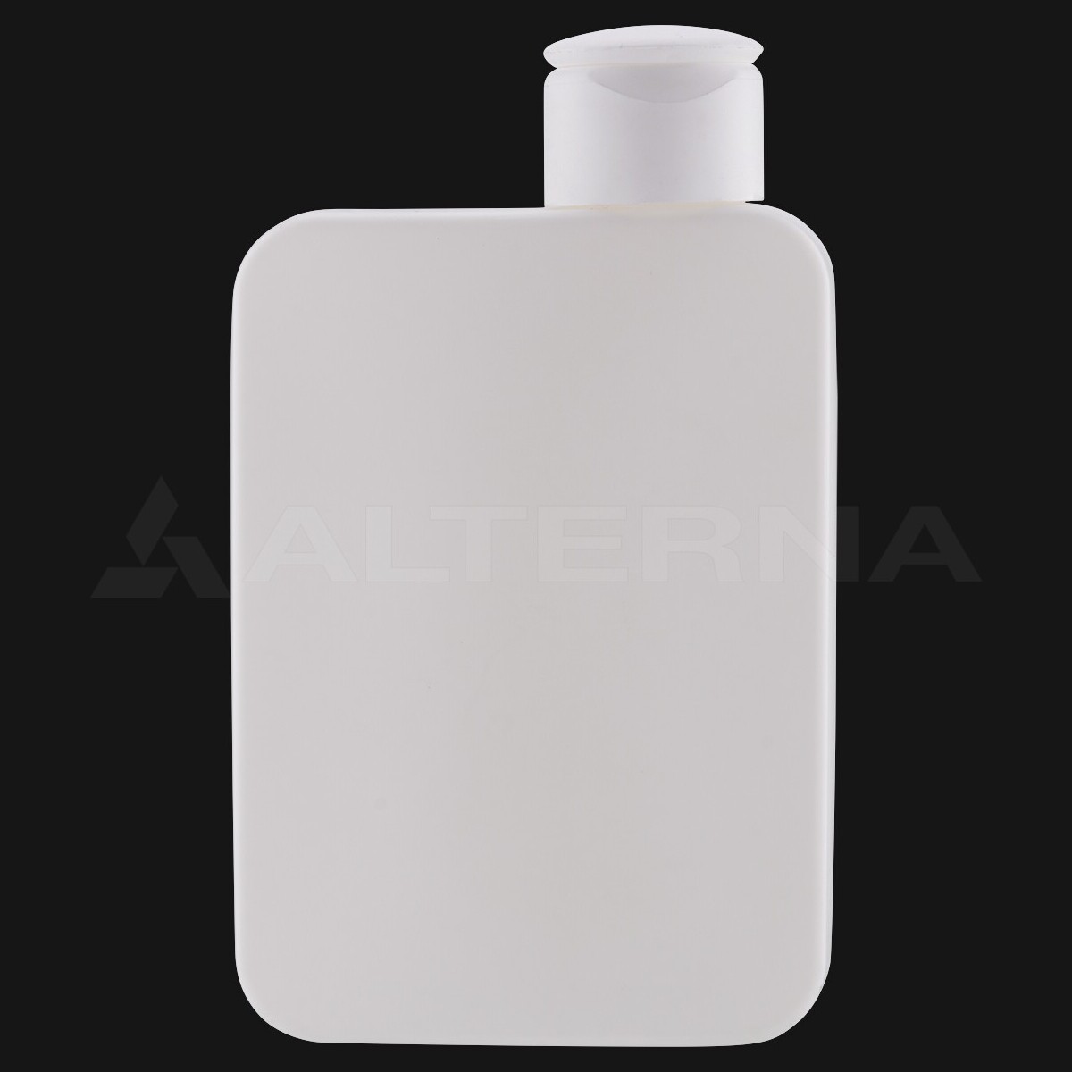 Bouteille plate en plastique HDPE blanc de 150 ml avec bouchon à rabat blanc de 24 mm, vue de face sur fond noir