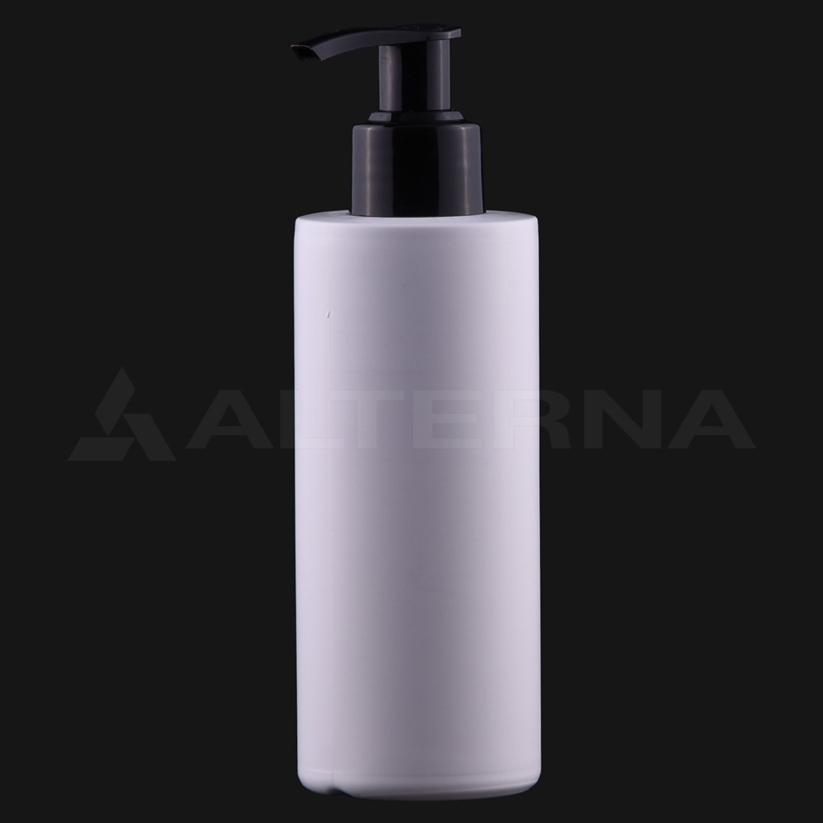 Flacon cylindrique en plastique HDPE de 150 ml avec pompe distributrice noire de 24 mm, vue de profil