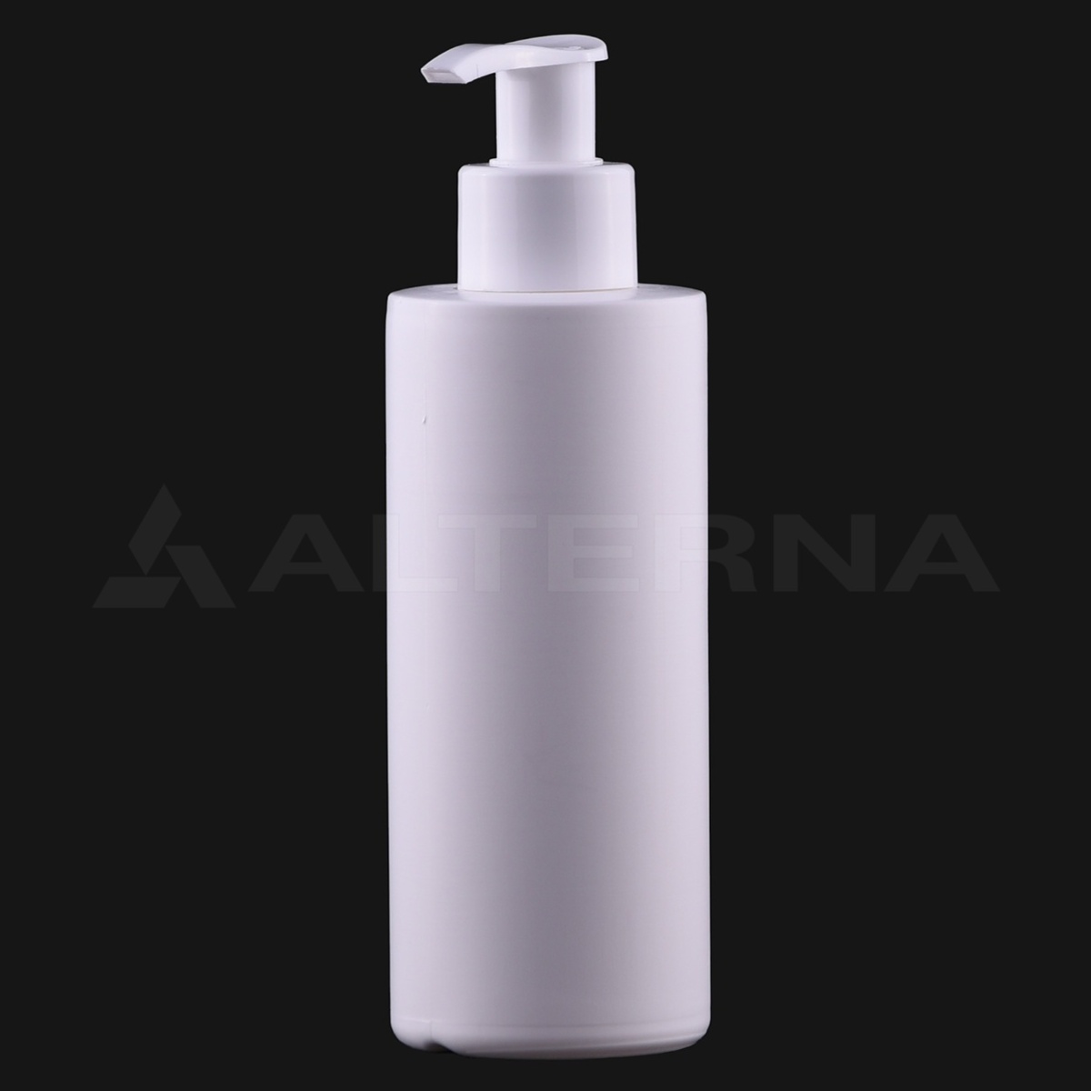 Bouteille cylindrique en PEHD de 150 ml avec pompe doseuse blanche de 24 mm, vue de face