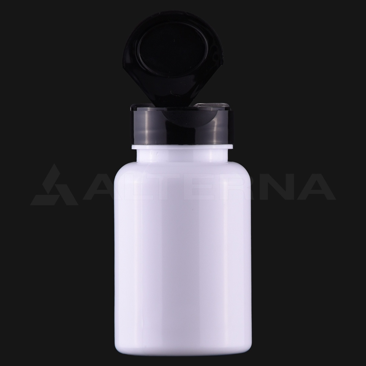 Frasco de PET blanco de 150 ml con tapón abatible negro de 38 mm, mostrado abierto para facilitar el acceso al envase.