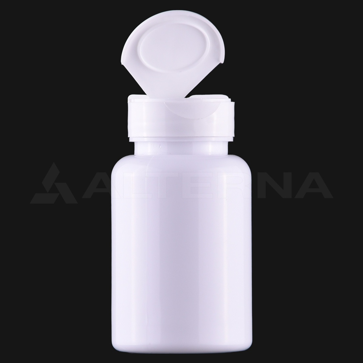 Frasco de PET blanco de 150 ml con tapón abatible de 38 mm, mostrado abierto, para envases de productos farmacéuticos y suplementos.