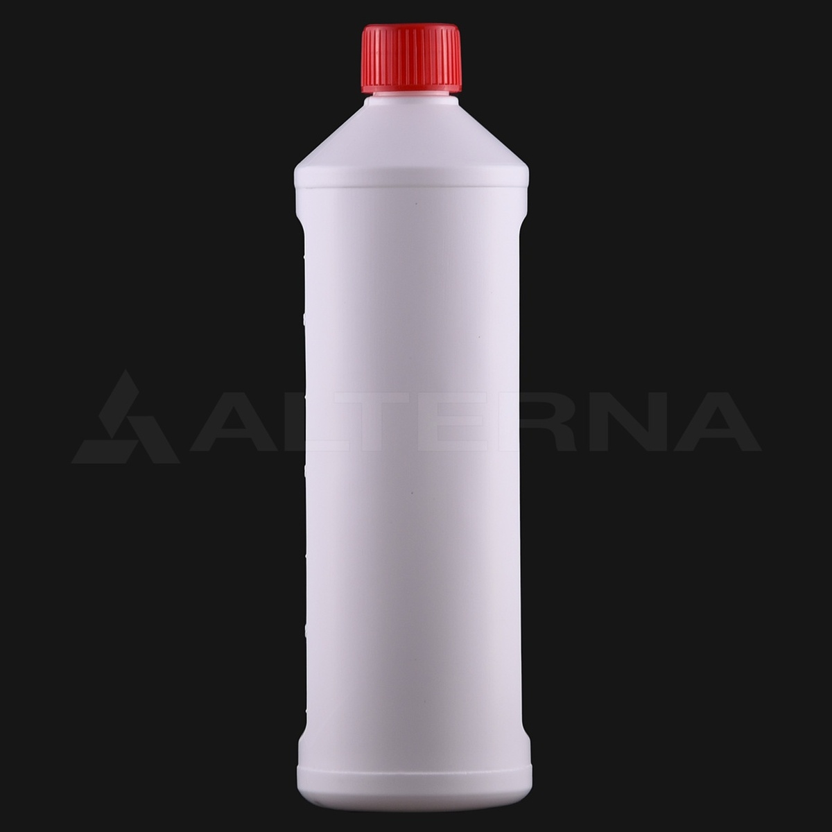 1-литровая пластиковая бутылка из HDPE, вид сзади, с красной крышкой с защитой от детей и гладкой поверхностью