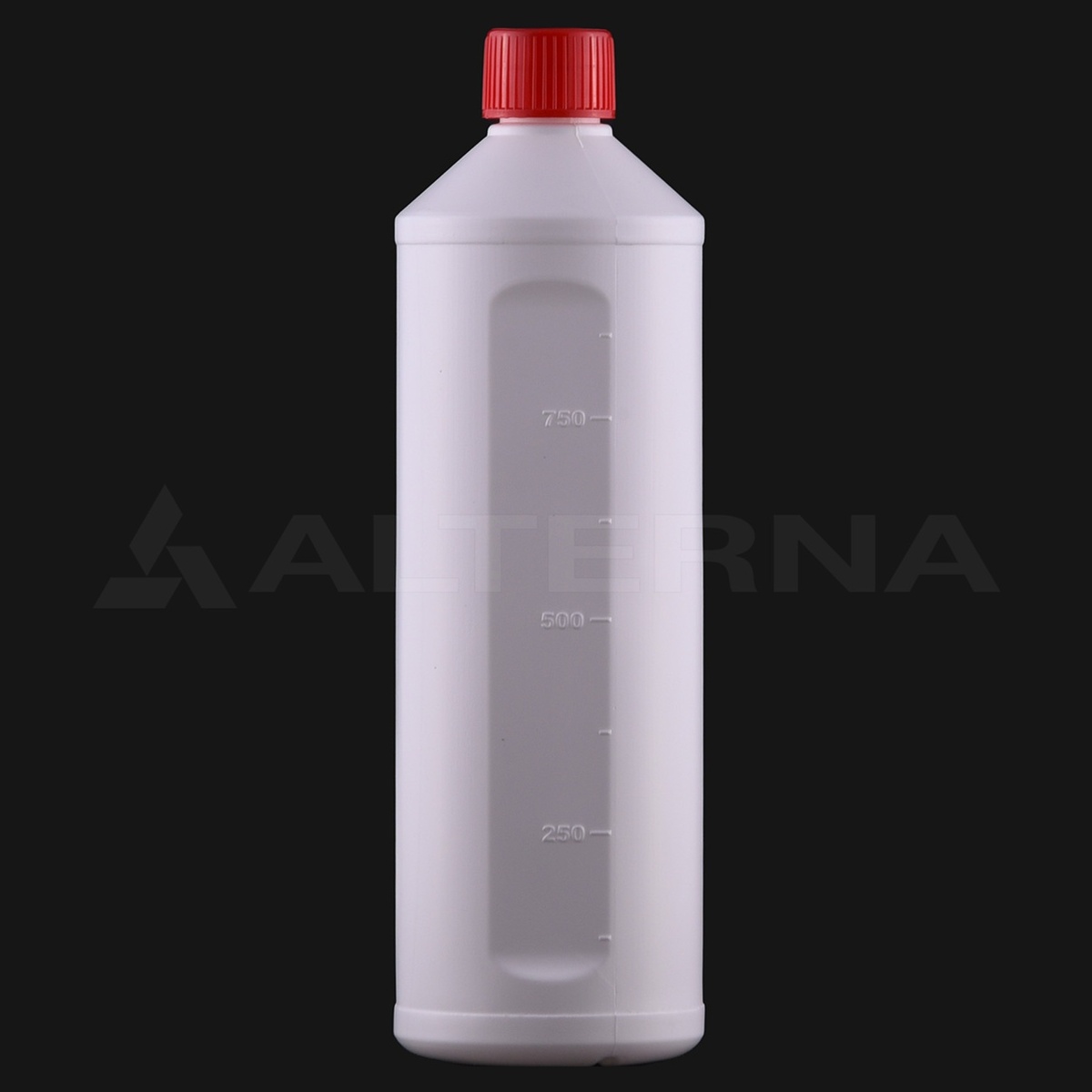 Бутылка HDPE 1 литр с детозащитной крышкой 28 мм - Professional packaging solution by Alternaplast 1-литровая пластиковая бутылка из полиэтилена высокой плотности, вид спереди, с красной крышкой с защитой от детей и градуированным индикатором уровня