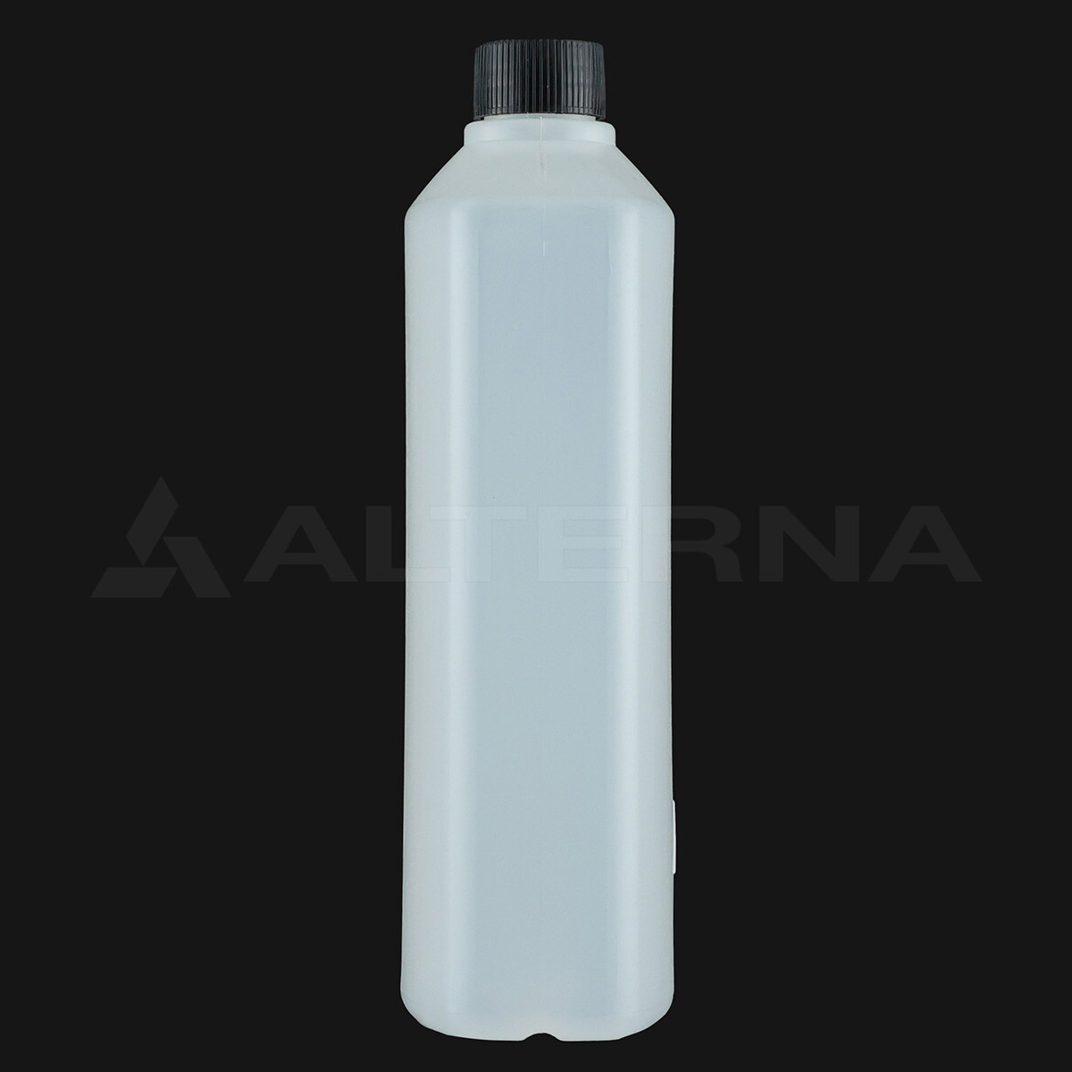 1-литровая прямоугольная пластиковая бутылка из HDPE, вид сбоку, с алюминиевой крышкой с резьбой и алюминиевой фольгой толщиной 28 мм