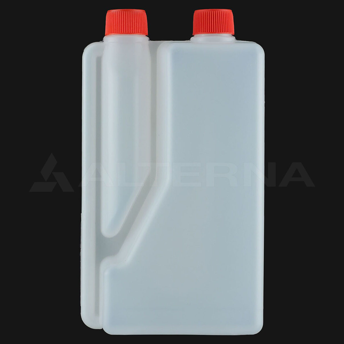 1 Liter HDPE-Kunststoff-Dosierflasche mit zwei Hälsen, Vorderansicht, mit roten manipulationssicheren Verschlüssen