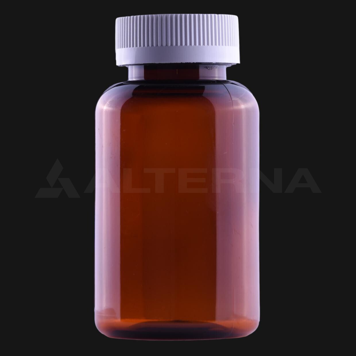 200 ml braune PET-Tablettenflasche mit 38 mm kindersicherem Verschluss, Frontansicht