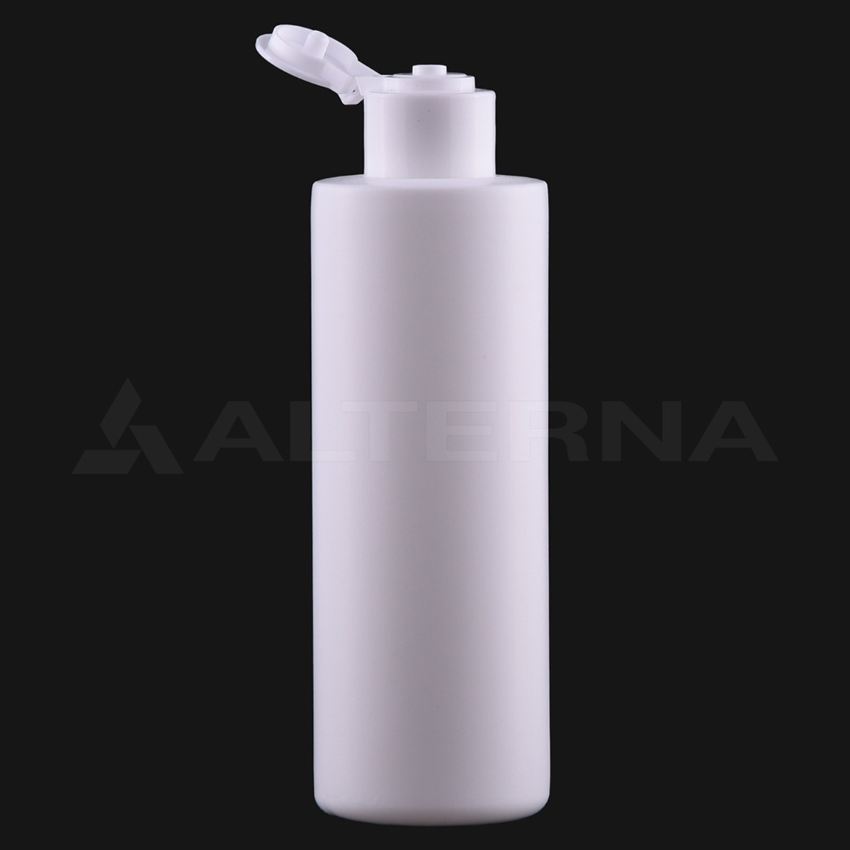 Bouteille cylindrique en PEHD blanc de 200 ml avec bouchon à rabat de 24 mm ouvert, vue de face inclinée sur fond noir
