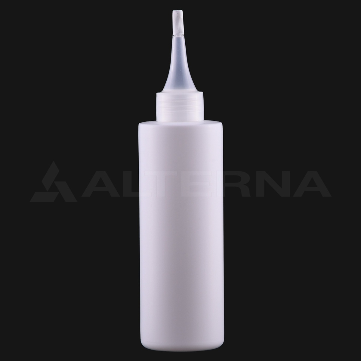 Botella cilíndrica HDPE de 200 ml con tapa de boquilla 24 mm - Professional packaging solution by Alternaplast Botella cilíndrica de plástico HDPE de 200 ml con tapón con boquilla de 24 mm para una dosificación precisa del líquido.