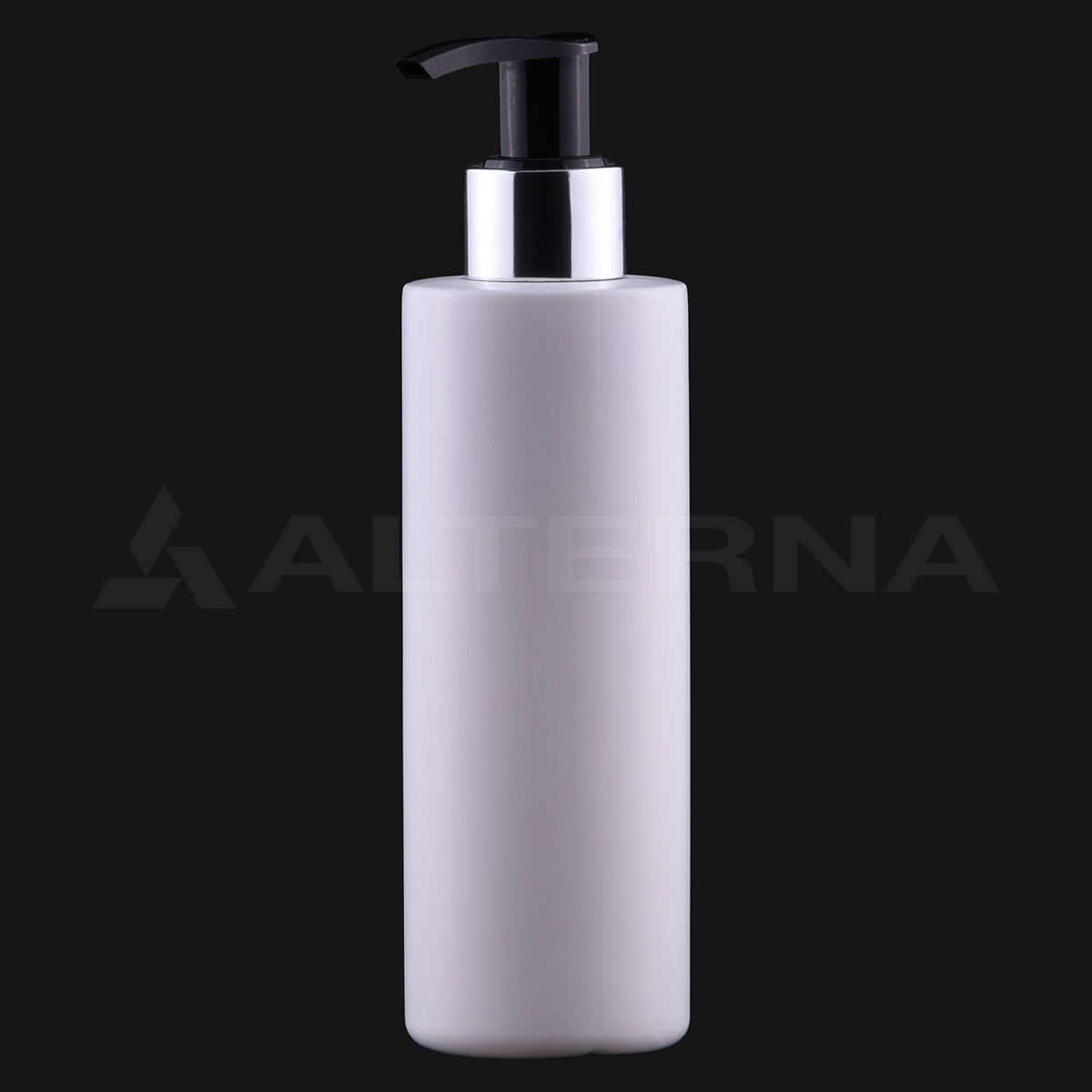 Flacon cylindrique en plastique HDPE de 200 ml avec pompe distributrice à coque métallique de 24 mm, vue de face, emballage cosmétique