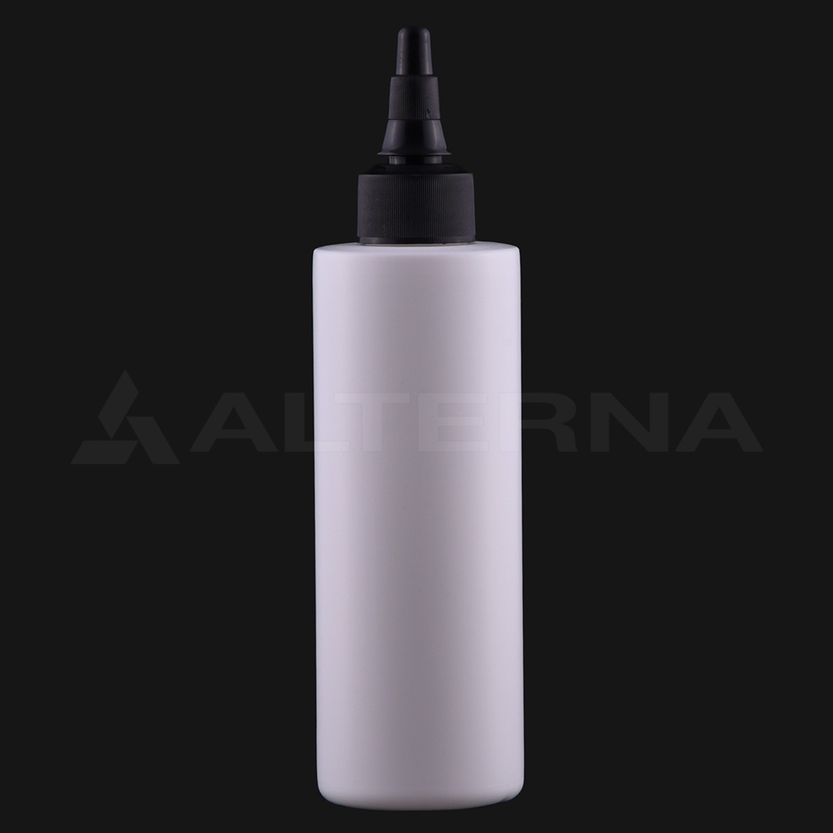 200 ml HDPE-Kunststoffflasche mit 24 mm schwarzem Drehverschluss, Vorderansicht weiße Kunststoffflasche für kontrollierte Flüssigkeitsabgabe