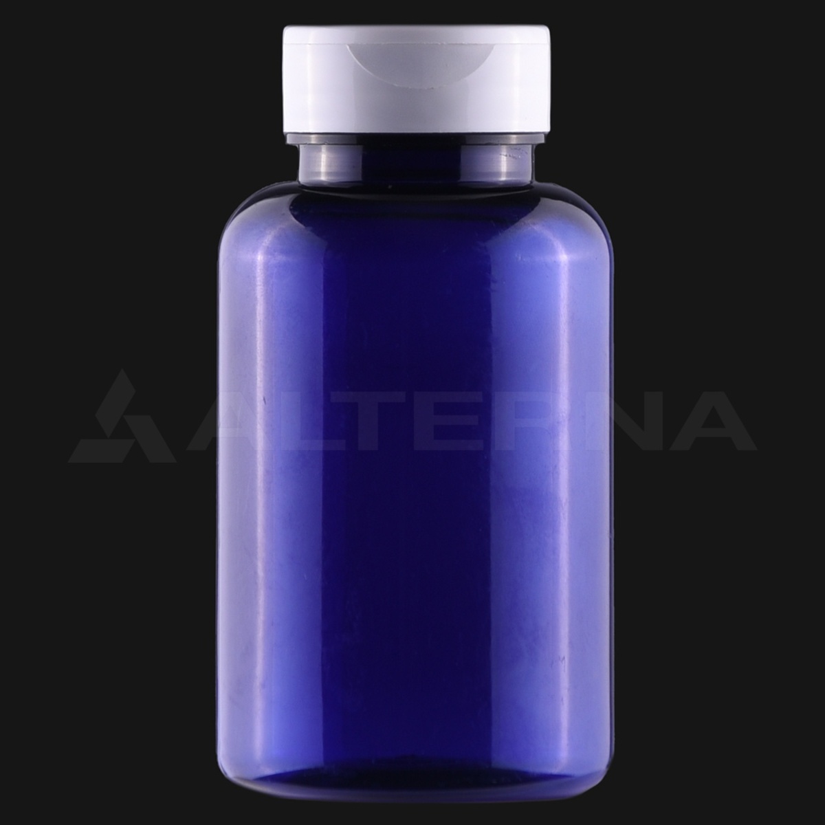 Botella PET para pastillas de 200 ml con tapa abatible de 38 mm - Professional packaging solution by Alternaplast Frasco PET de 200 ml con tapón abatible de 38 mm, color azul, envase farmacéutico.
