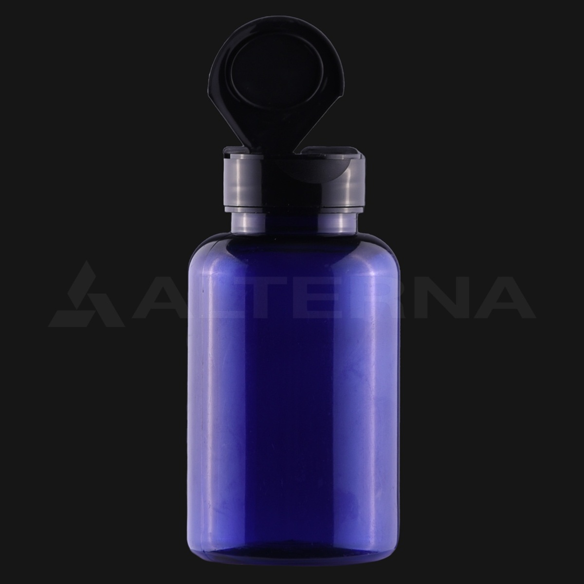 Frasco azul de PET de 200 ml con tapón abatible de 38 mm abierto, envase farmacéutico.