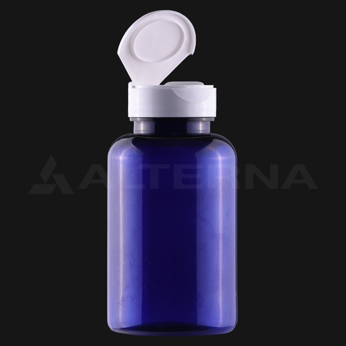 Frasco azul de PET de 200 ml con tapón abatible de 38 mm abierto, envase farmacéutico.