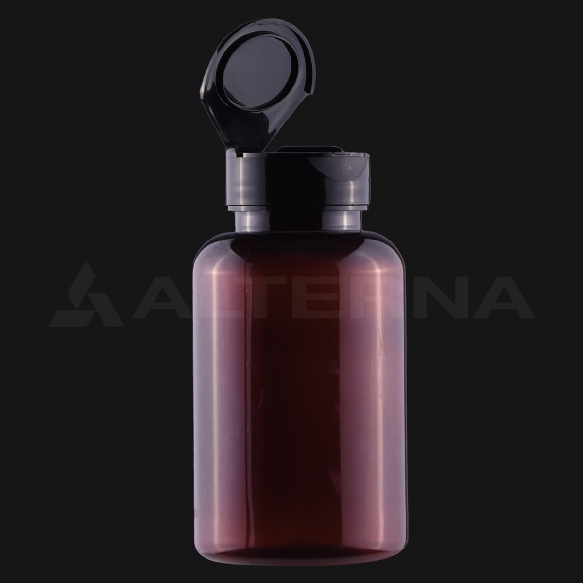 Frasco de PET ámbar de 200 ml con tapón abatible de 38 mm abierto.