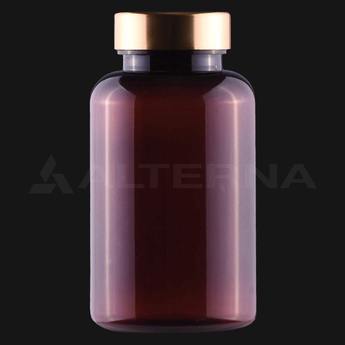 Botella PET para pastillas de 200 ml con tapa metálica de 38 mm - Professional packaging solution by Alternaplast Frasco de PET de 200 ml con tapón metálico dorado de 38 mm y revestimiento sensible a la presión.