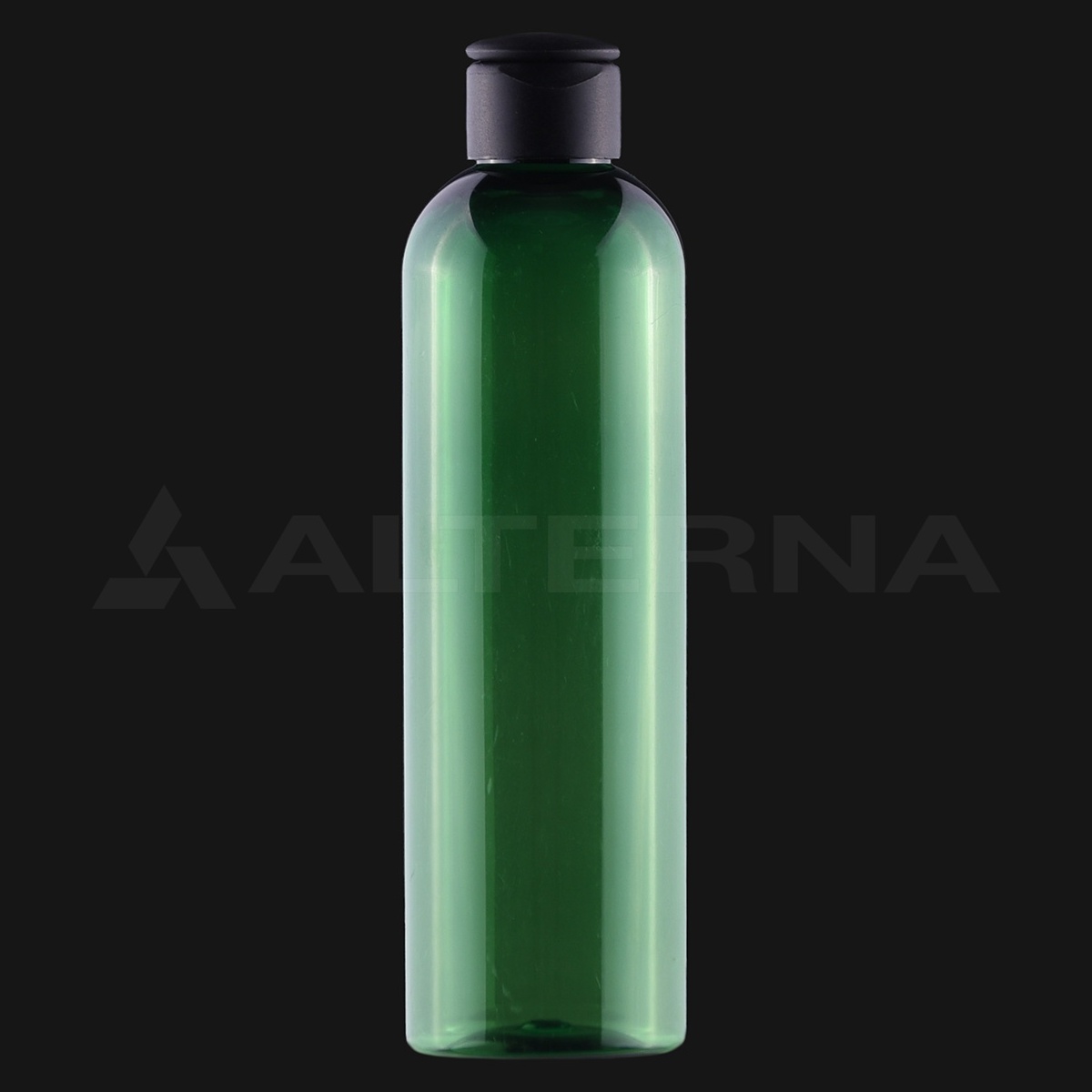 250 ml PET Boston Round Flasche mit 24 mm Klappdeckel - Professional packaging solution by Alternaplast 250 ml grüne PET-Boston-Rundflasche mit 24 mm schwarzem Klappverschluss