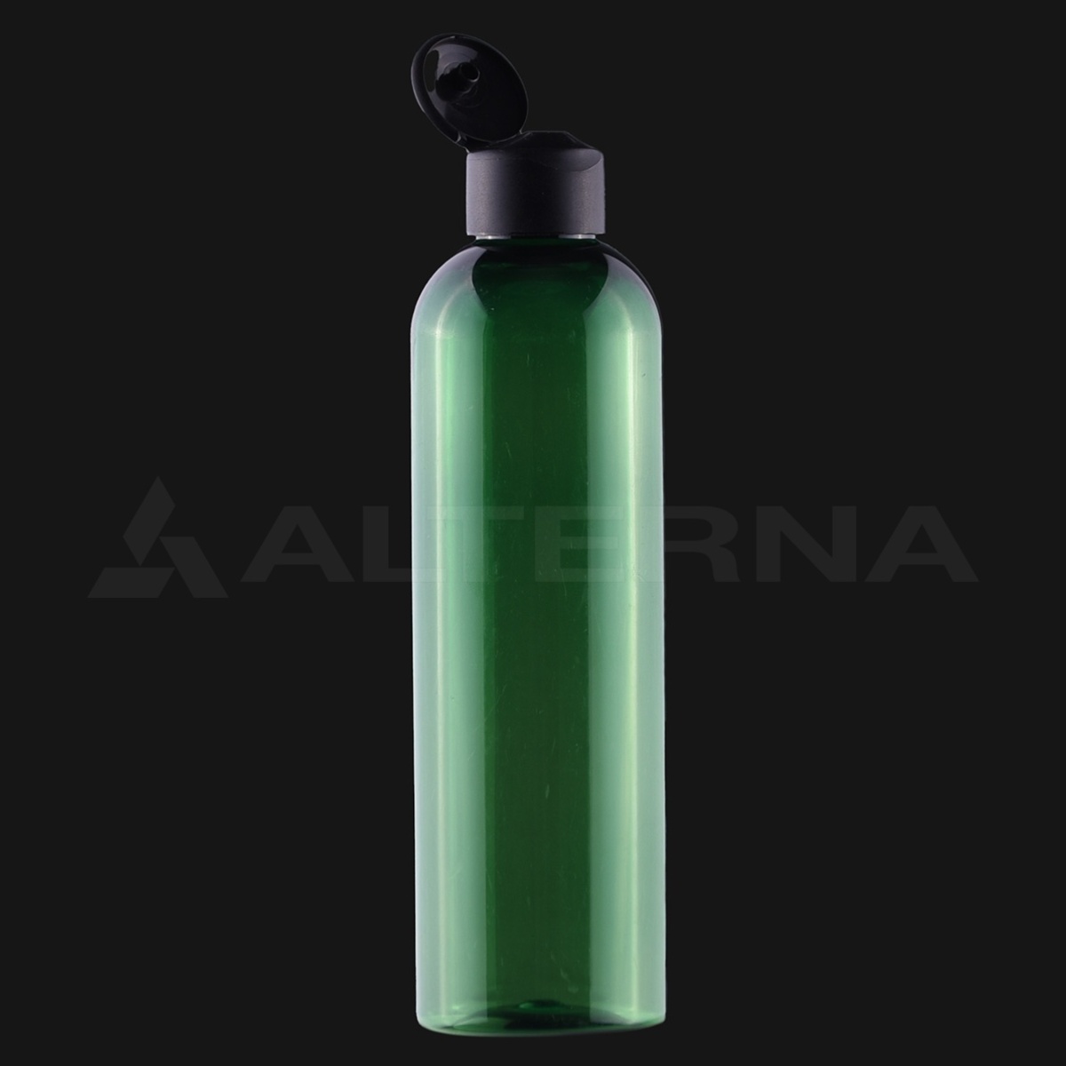 250 ml grüne PET-Boston-Rundflasche mit 24 mm schwarzem Klappverschluss, offene Position