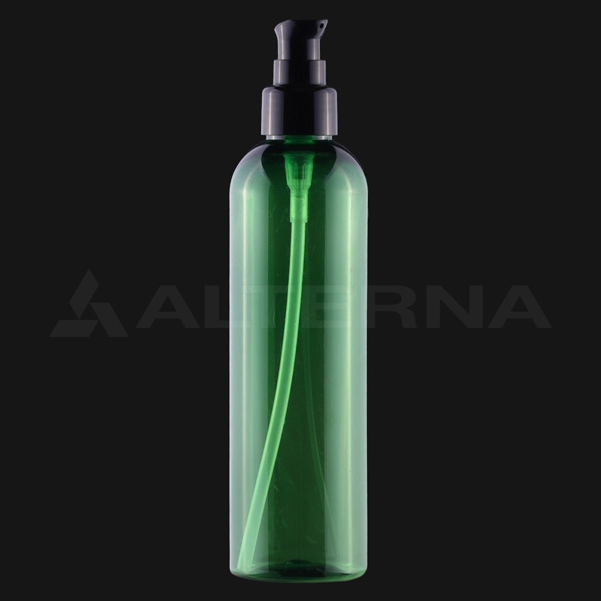 Flacon rond Boston en PET vert de 250 ml avec pompe à lotion de 24 mm, tête de pompe noire