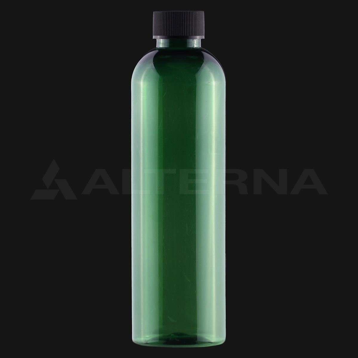 250 ml PET Boston Round Flasche mit 24 mm Verschluss und PE-Schaumliner - Professional packaging solution by Alternaplast 250 ml grüne PET-Boston-Rundflasche mit 24 mm schwarzem geripptem Schraubverschluss, Schaumstoffeinlageverschluss