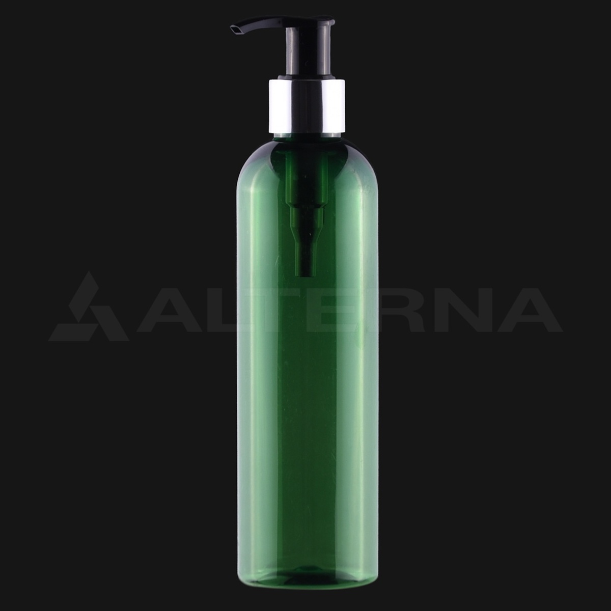 250 ml grüne PET-Boston-Rundflasche mit 24 mm schwarzem Pumpspender und weißem Kragen