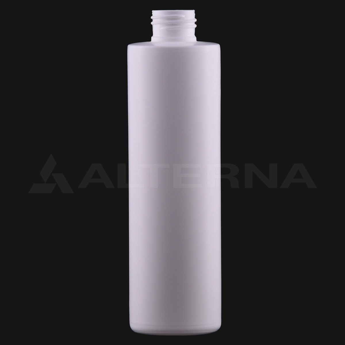 250 ml witte HDPE cilindrische fles zonder sproeikop, 24 mm schroefdraad halsafwerking zichtbaar, vooraanzicht