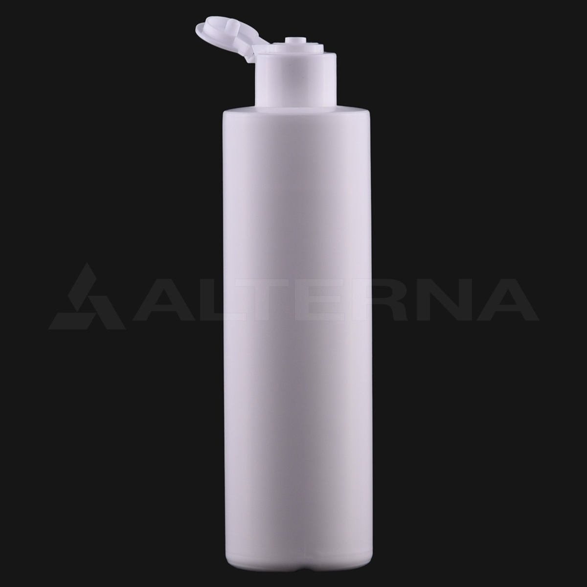 Sticlă cilindrică din plastic HDPE alb, de 250 ml, cu capac flip-top de 24 mm deschis, vedere frontală