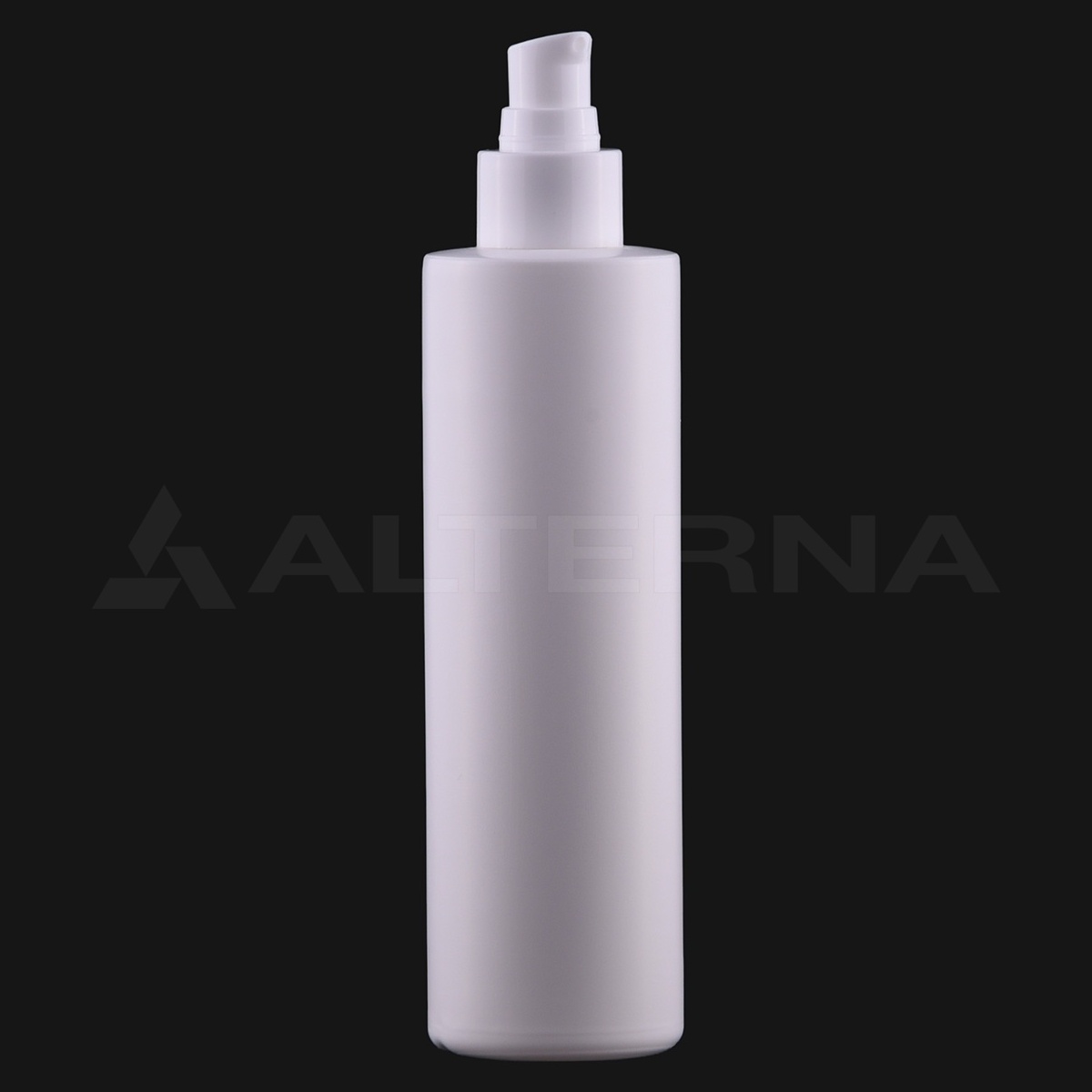 250 ml weiße HDPE-Zylinderflasche mit 24 mm weißer Lotionspumpe, Vorderansicht, aufrecht stehend