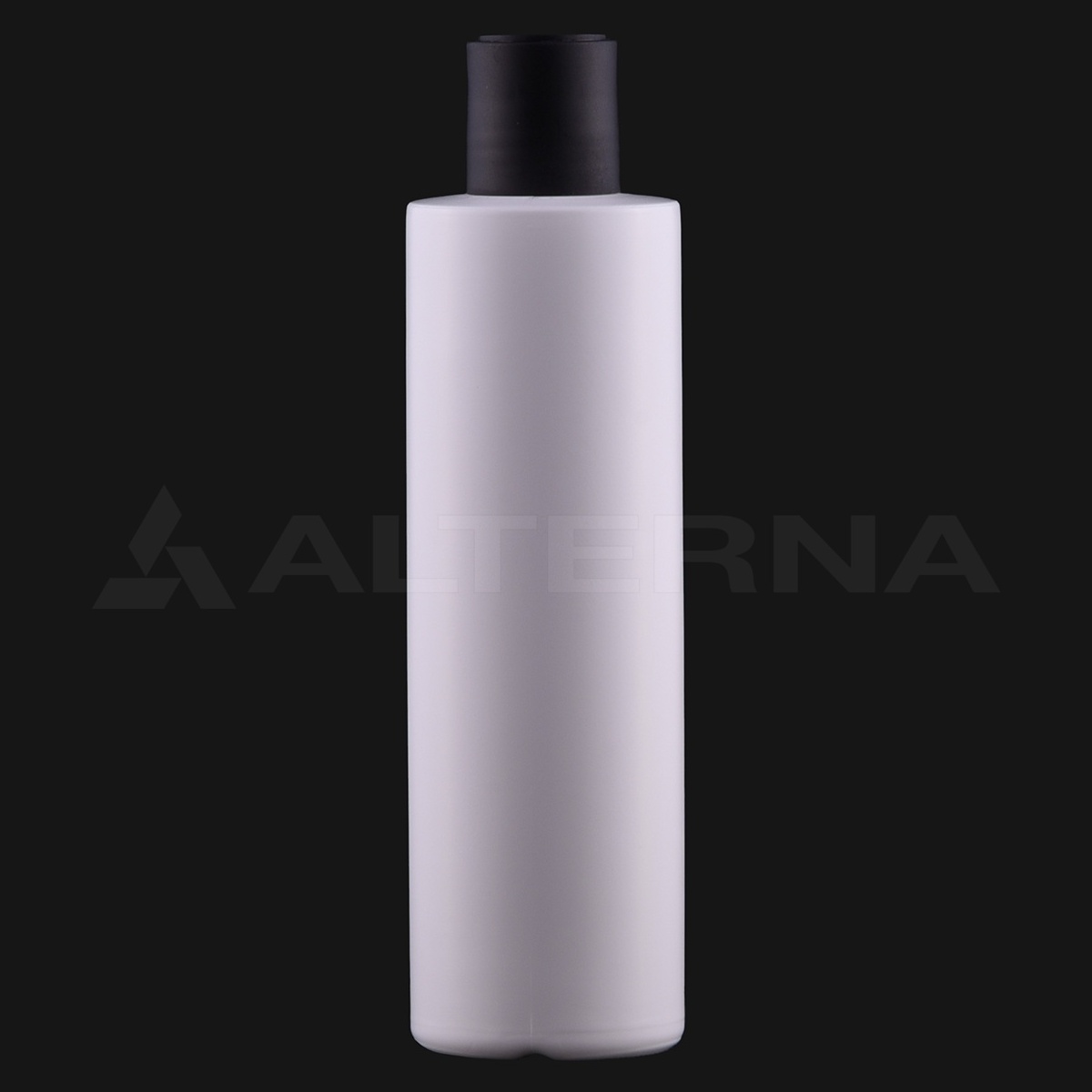 Botella cilíndrica de plástico HDPE blanco de 250 ml con tapón de disco negro de 24 mm, vista frontal, posición vertical.