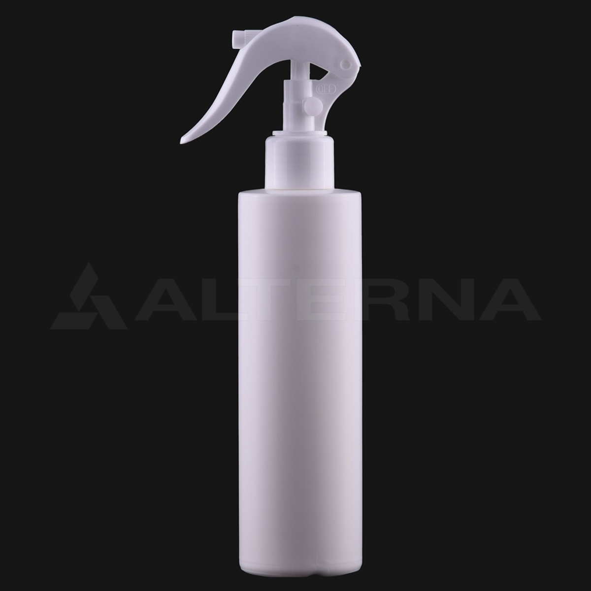 Botella pulverizadora cilíndrica HDPE de 250 ml con mini gatillo de 24 mm - Professional packaging solution by Alternaplast Botella pulverizadora cilíndrica de HDPE de 250 ml con pulverizador mini blanco de 24 mm, vista frontal.