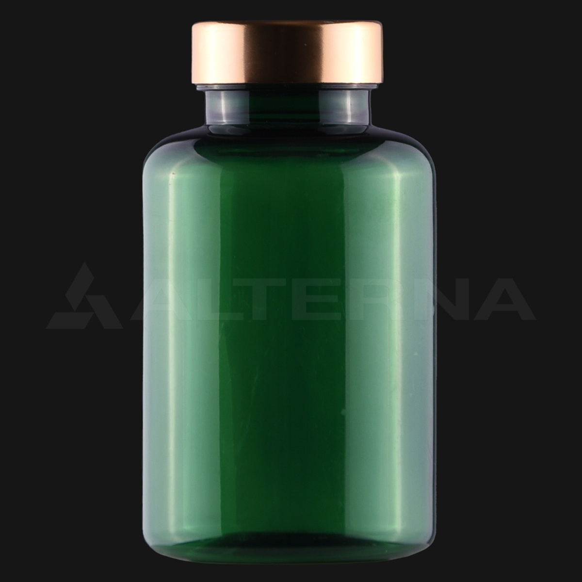 ПЭТ бутылка для таблеток 250 мл с металлической крышкой 38 мм - Professional packaging solution by Alternaplast Зеленая ПЭТ-бутылка для таблеток объемом 250 мл с золотой металлической крышкой диаметром 38 мм для пищевых добавок