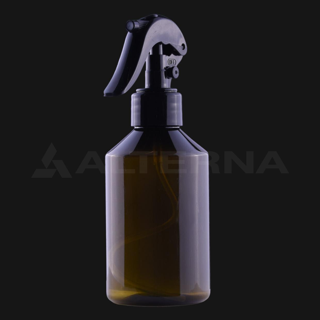 250 ml braune PET-Sprühflasche mit 28 mm Mini-Sprühkopf, Seitenansicht