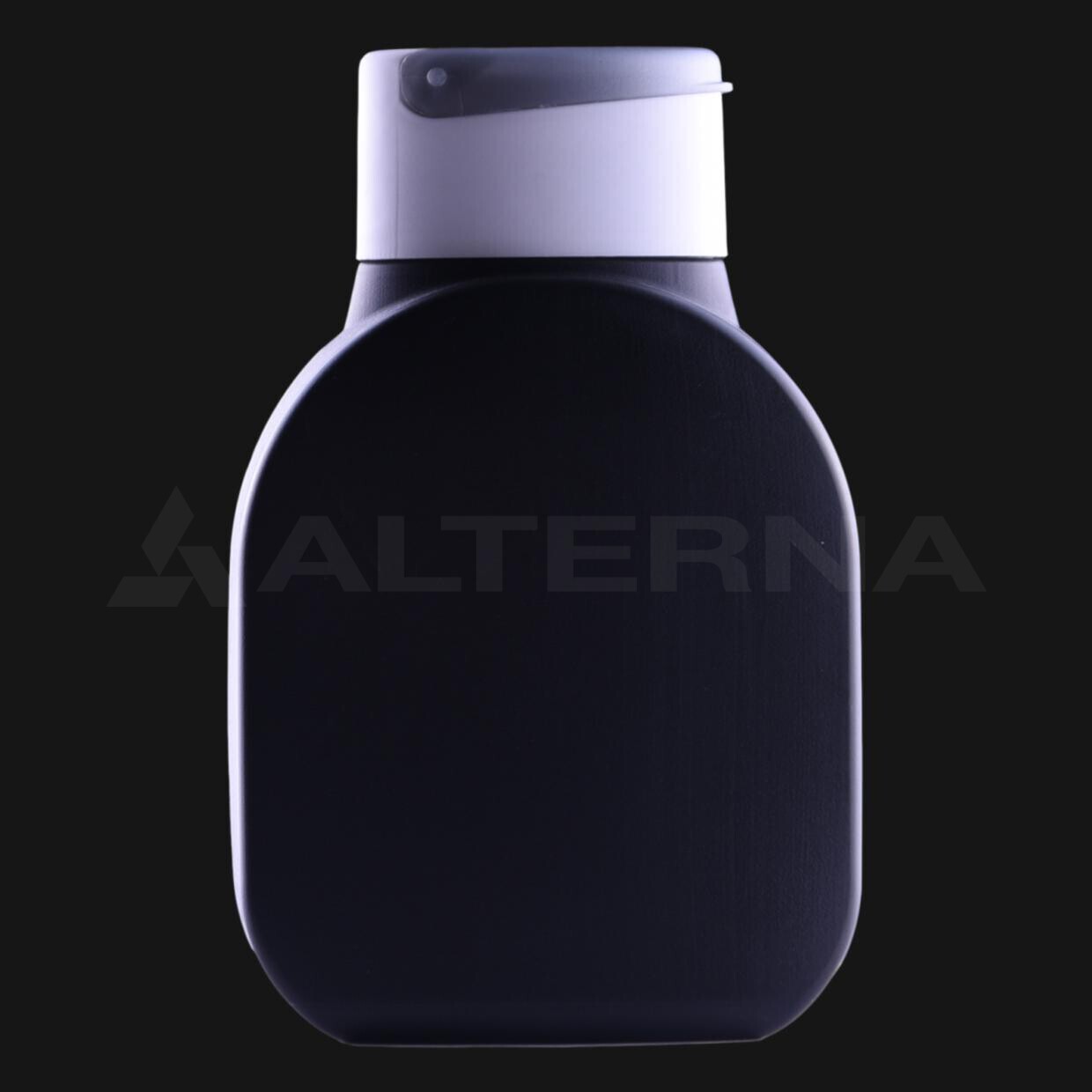 Bouteille shampoing HDPE de 250 ml avec bouchon flip-top 52 mm - Professional packaging solution by Alternaplast Bouteille en plastique HDPE de 300 ml avec bouchon à charnière de 42 mm fermé, vue de face