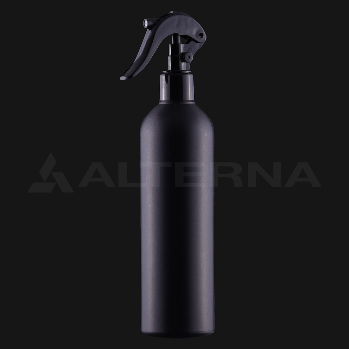 Botella pulverizadora redonda Boston de plástico HDPE negro de 330 ml con mini gatillo negro de 24 mm, vista frontal.