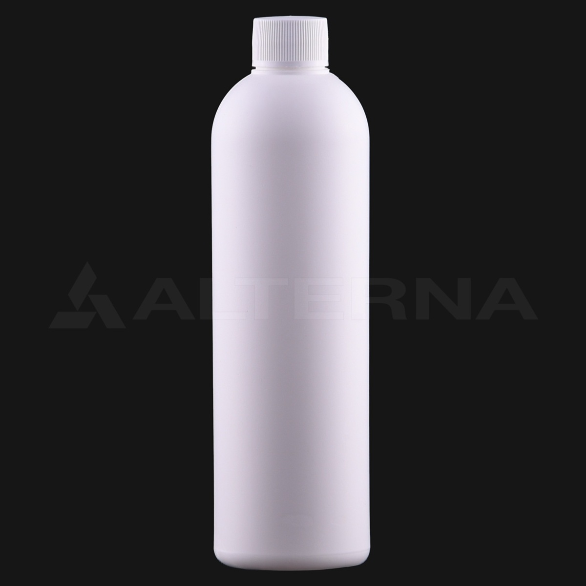 Bouteille HDPE Boston Round 330 ml avec bouchon 24 mm et joint mousse PE - Professional packaging solution by Alternaplast Flacon rond Boston en plastique HDPE de 330 ml avec bouchon à vis de 24 mm doublé de mousse PE, couleur blanche