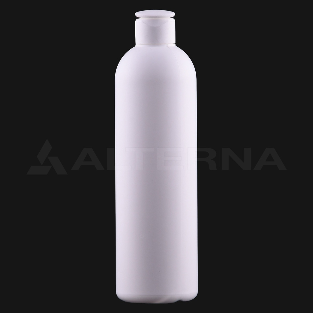 Botella HDPE Boston Round de 330 ml con tapa flip-top de 24 mm - Professional packaging solution by Alternaplast Botella redonda Boston de plástico HDPE de 330 ml con tapón abatible de 24 mm, botella de plástico blanco para envasado.