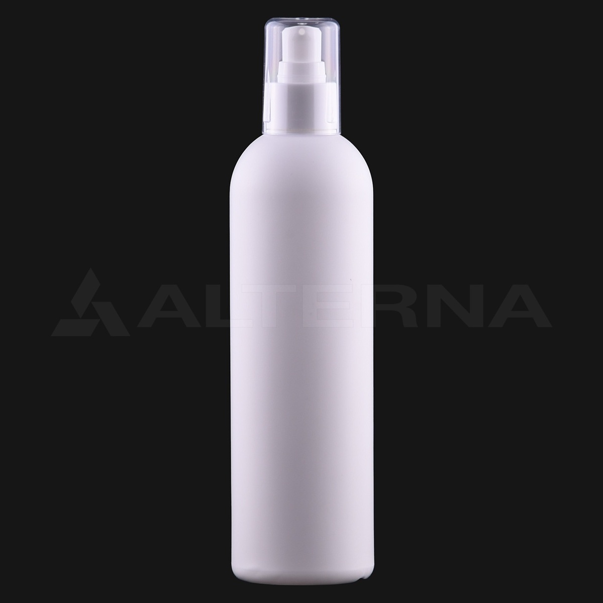 330 ml HDPE Boston Round Flasche mit 24-mm Lotionpumpe - Professional packaging solution by Alternaplast 330 ml HDPE-Kunststoffflasche Boston Round mit 24-mm-Lotionpumpe und transparenter Schutzkappe