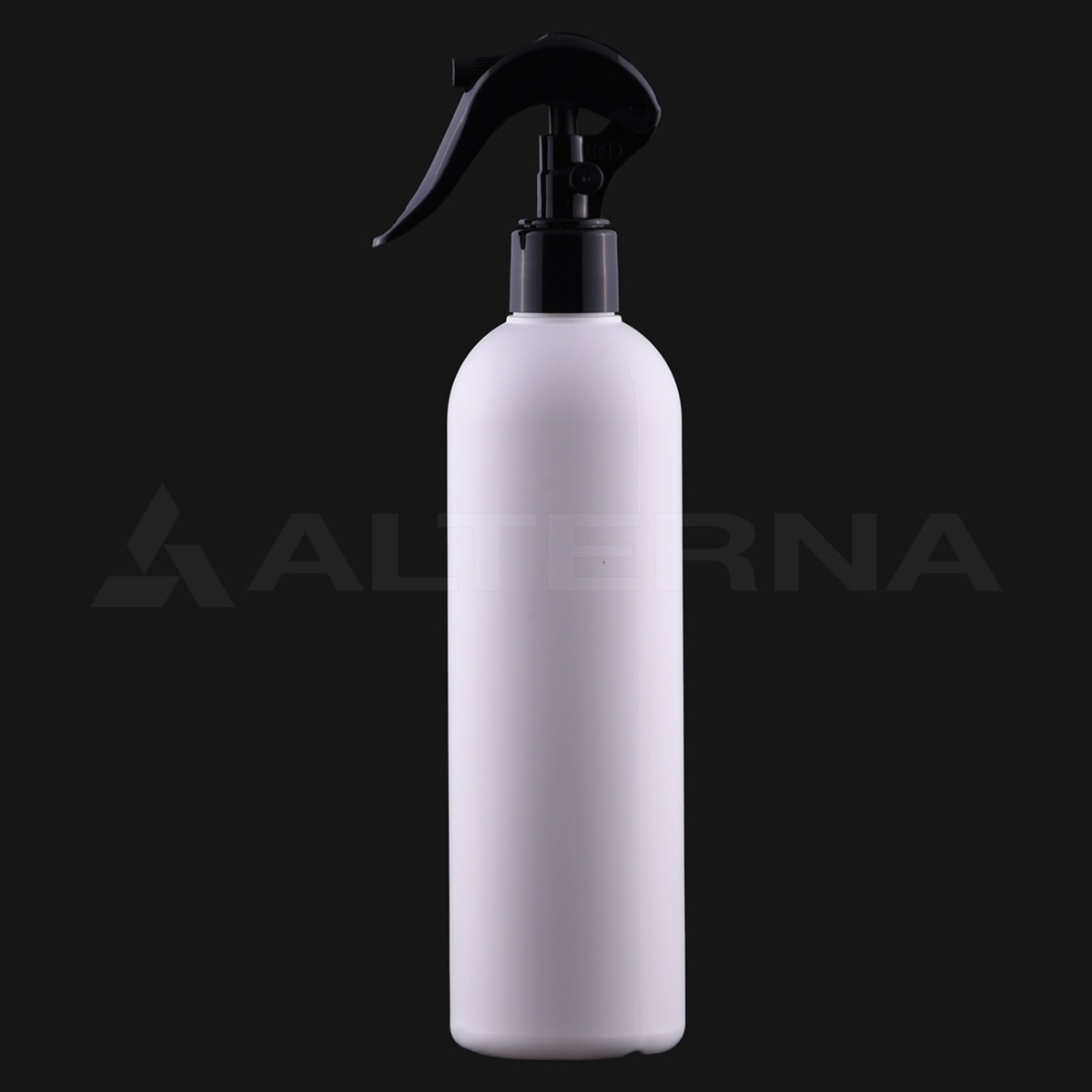 Botella pulverizadora redonda Boston de plástico HDPE blanco de 330 ml con mini gatillo negro de 24 mm, vista frontal.