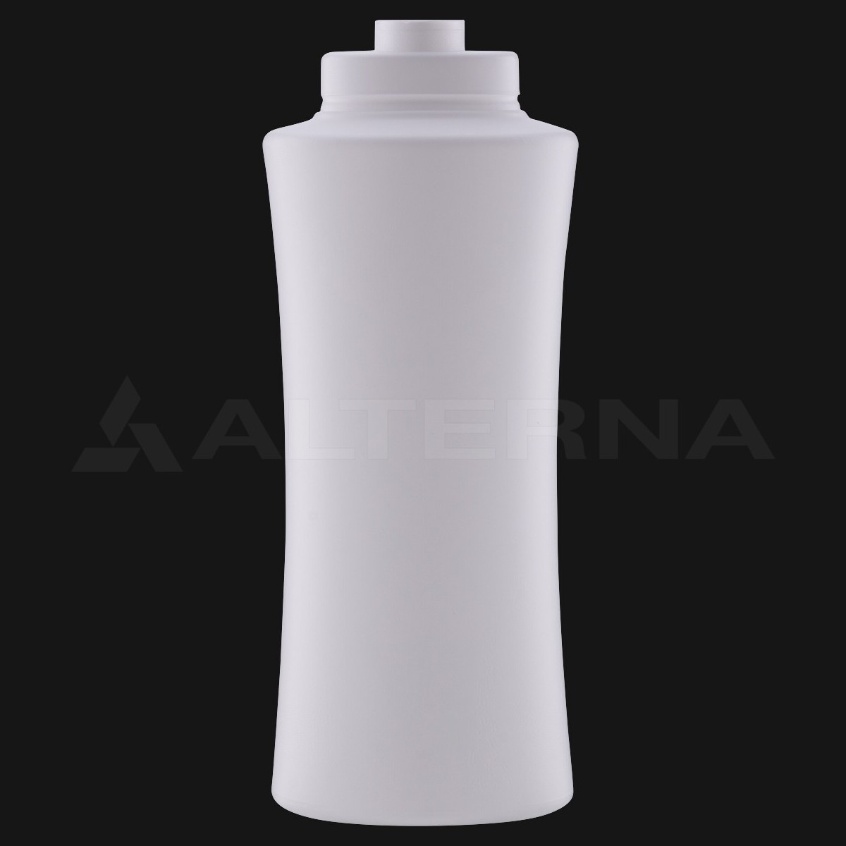 Botella de champú de plástico HDPE de 400 ml sin tapón, cuerpo de plástico blanco, vista frontal sobre fondo negro.