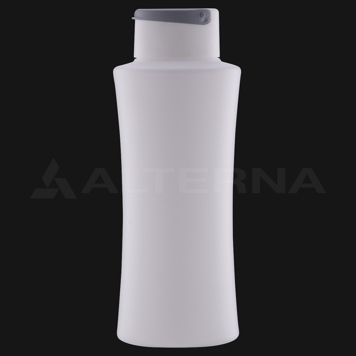 Botella de champú HDPE de 400 ml con tapa flip-top de 52 mm - Professional packaging solution by Alternaplast Botella de champú de plástico HDPE de 400 ml con cuerpo blanco y tapón abatible gris, vista frontal sobre fondo negro.